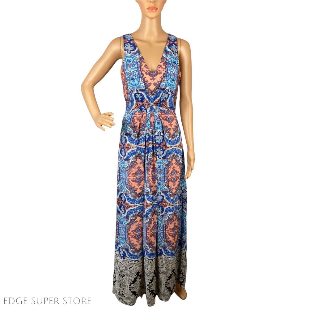 Anthropologie Maeve Blue Orange Maxi Sleeveless Long Tribal Paisley Dress Size 2